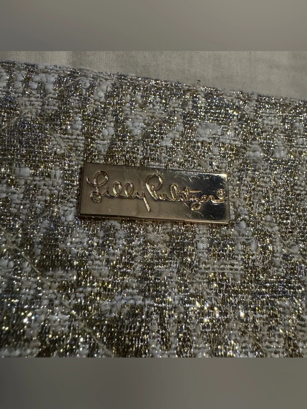 Lilly Pulitzer Metallic Silver & Gold Shimmer Cosmetic Pouch Zip Clutch